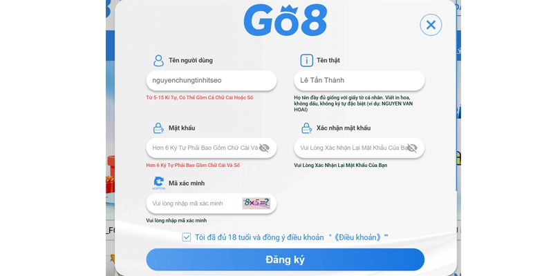 Đăng ký GO8 – Điều kiện và hướng dẫn tài khoản 9 Điền đầy đủ thông tin vào form đăng ký Go8